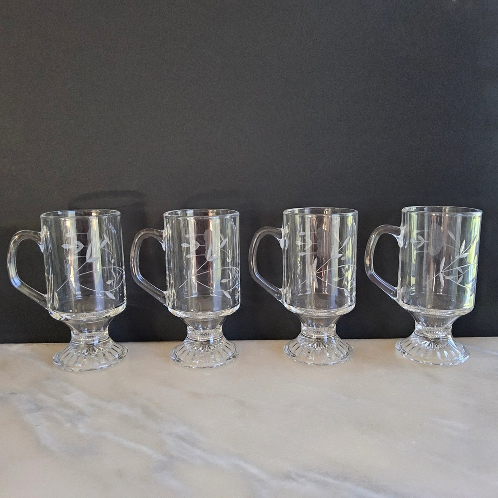 Princess House Etched Floral Glass Coffee Mugs Footed Irish Coffee Mugs Set of 4